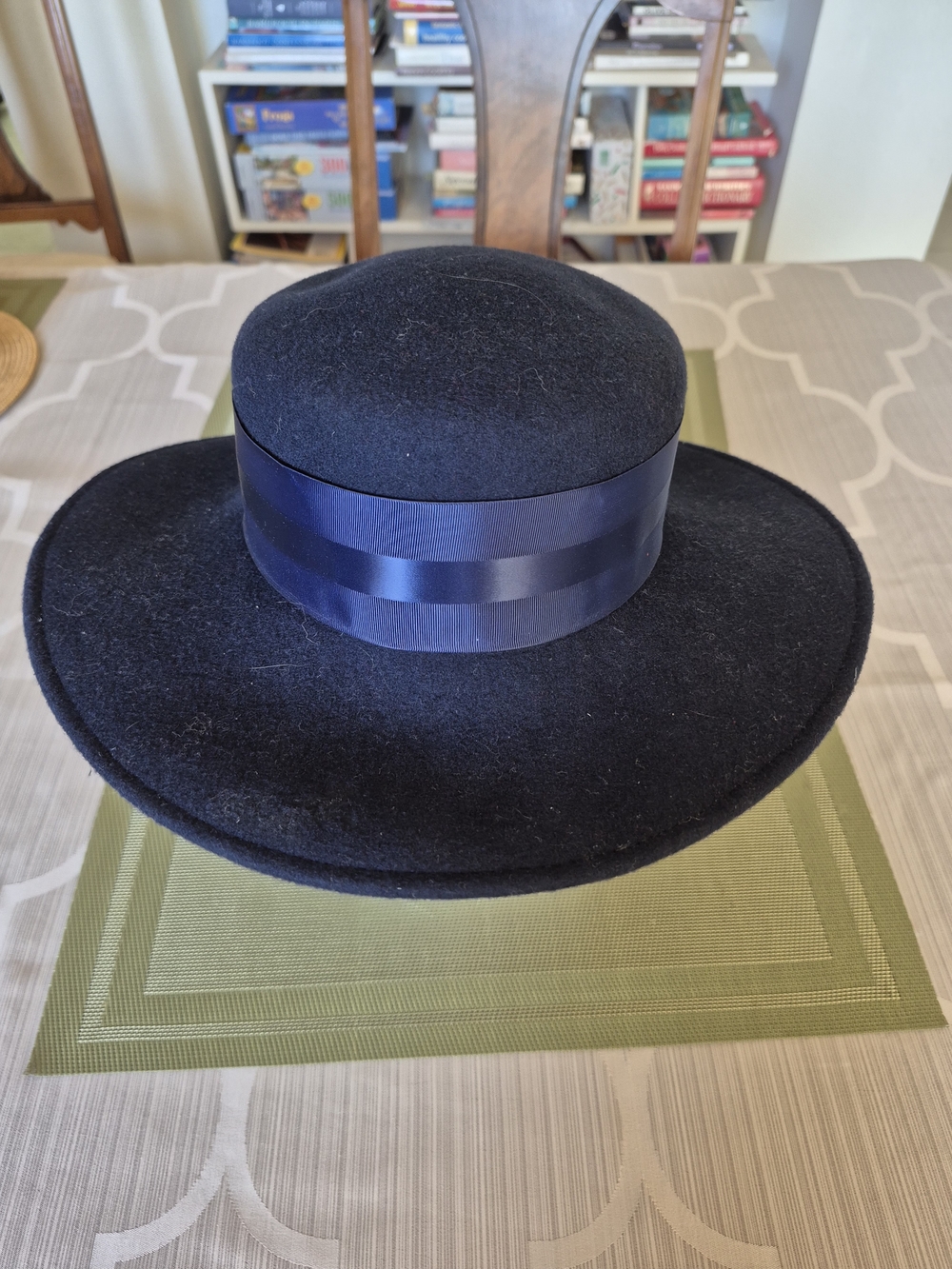 Women's Wide-Brim Wool Felt Hat in Navy with Grosgrain Band